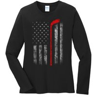 Hockey American Flag Ladies Long Sleeve Shirt