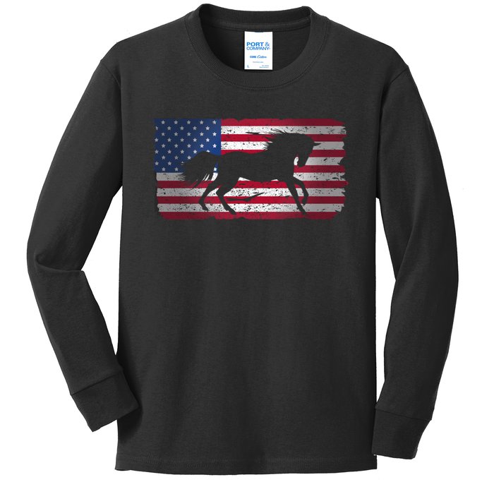 Horse American Flag Usa Patriotic For Girls Women Boys Men Gift Kids Long Sleeve Shirt