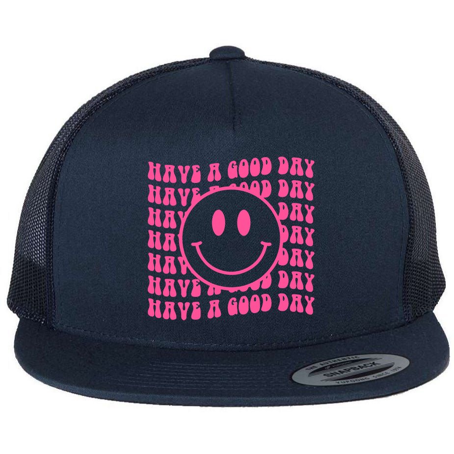 Have A Good Day Retro Smile Face Happy Face Preppy Aesthetic Flat Bill Trucker Hat