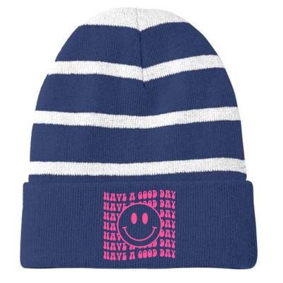 Have A Good Day Retro Smile Face Happy Face Preppy Aesthetic Striped Beanie with Solid Band