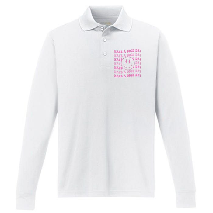 Have A Good Day Pink Smile Face Preppy Aesthetic Trendy Performance Long Sleeve Polo