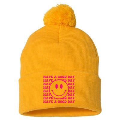 Have A Good Day Pink Smile Face Preppy Aesthetic Trendy Pom Pom 12in Knit Beanie
