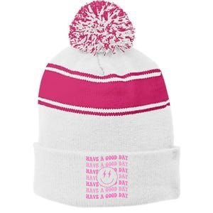 Have A Good Day Pink Smile Face Preppy Aesthetic Trendy Stripe Pom Pom Beanie