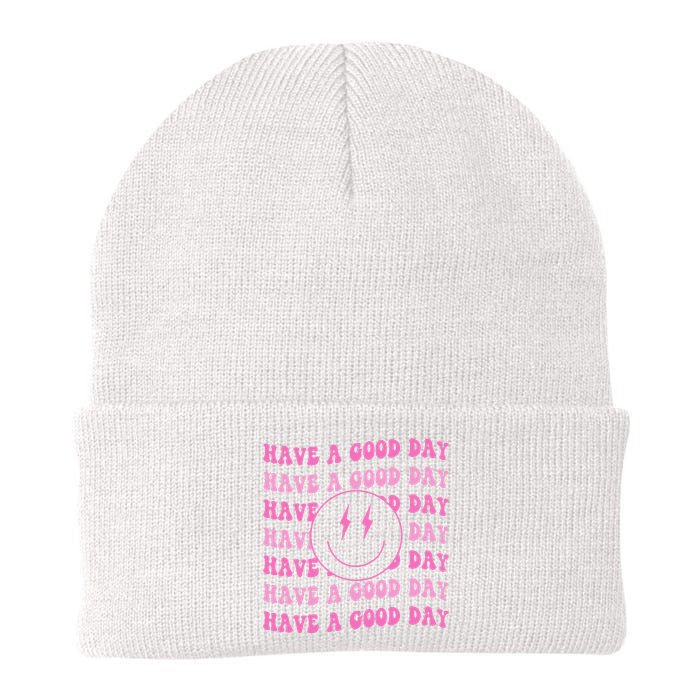 Have A Good Day Pink Smile Face Preppy Aesthetic Trendy Knit Cap Winter Beanie