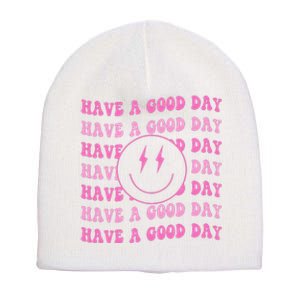 Have A Good Day Pink Smile Face Preppy Aesthetic Trendy Short Acrylic Beanie