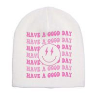 Have A Good Day Pink Smile Face Preppy Aesthetic Trendy Short Acrylic Beanie