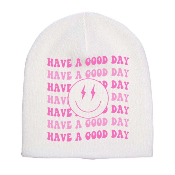 Have A Good Day Pink Smile Face Preppy Aesthetic Trendy Short Acrylic Beanie