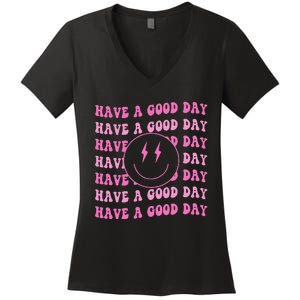 Have A Good Day Pink Smile Face Preppy Women's V-Neck T-Shirt