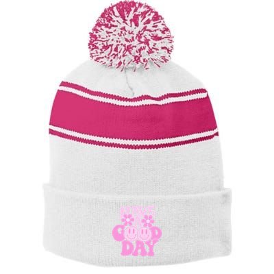 Have A Good Day Retro Smile Face Preppy Aesthetic Stripe Pom Pom Beanie