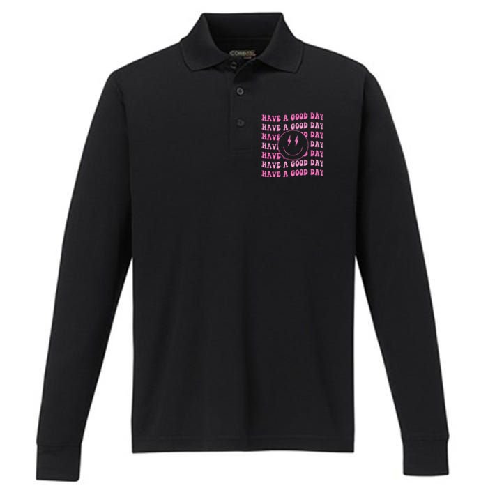 Have A Good Day Pink Smile Face Preppy Aesthetic Trendy Performance Long Sleeve Polo