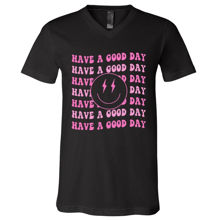 Have A Good Day Pink Smile Face Preppy Aesthetic Trendy V-Neck T-Shirt