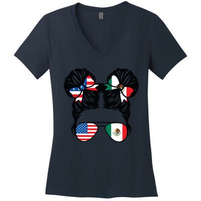 Half American Half Mexican Girl Usa Mexico Flag Patriot Women's V-Neck T-Shirt