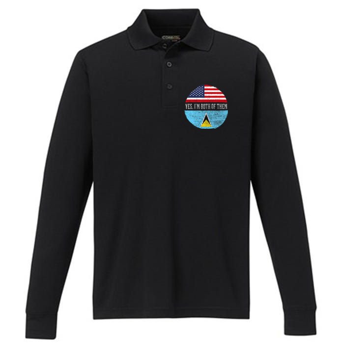 Half American Half Saint Lucian Usa Flag Saint Lucia Dna Performance Long Sleeve Polo