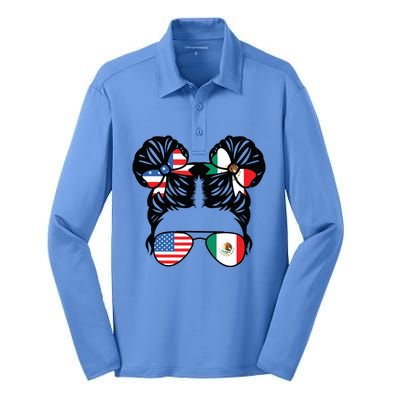 Half American Half Mexican Girl USA Mexico Flag Patriot Silk Touch Performance Long Sleeve Polo