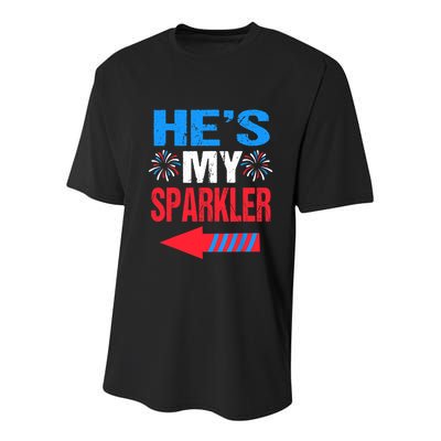 His And Hers 4th Of Julys Couples He's My Sparkler Youth Performance Sprint T-Shirt