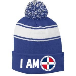 Half American Half Dominican Usa And Dominican Republic Flag Cute Gift Stripe Pom Pom Beanie