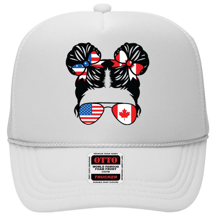 Half American Half Canadian Girl USA Canada Flag Patriot High Crown Mesh Back Trucker Hat