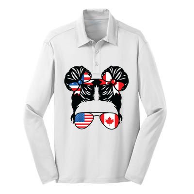 Half American Half Canadian Girl USA Canada Flag Patriot Silk Touch Performance Long Sleeve Polo