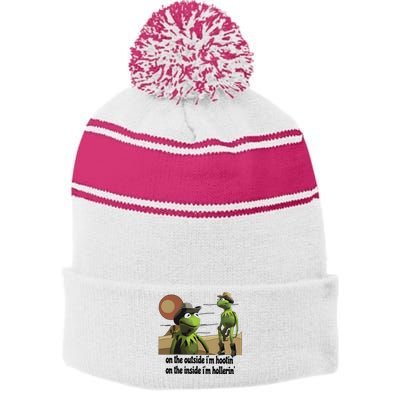 Hootin And Hollerin Funny Puppet Stripe Pom Pom Beanie