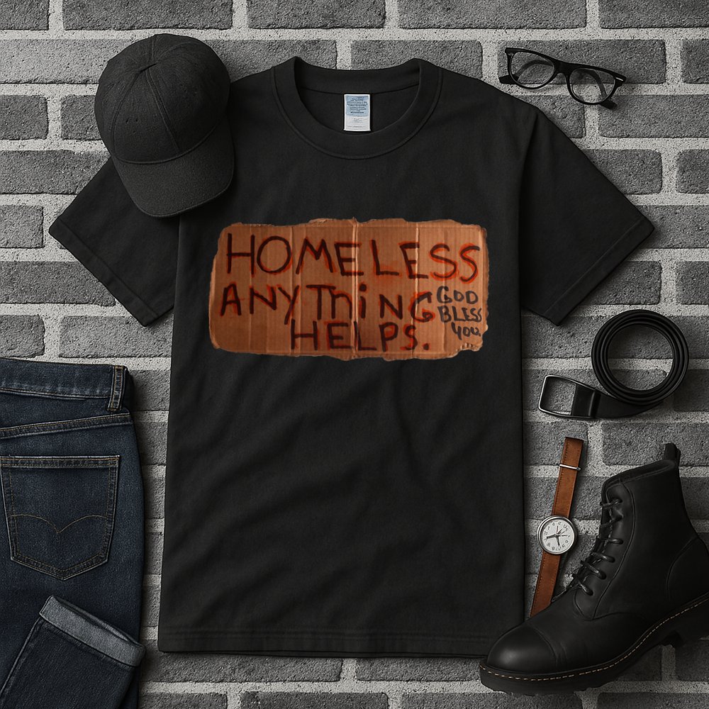 Homeless Anything Helps Funny Cardboard Sign Joke Costume Tall T-Shirt