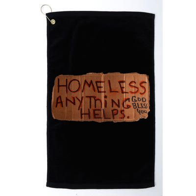 Homeless Anything Helps Funny Cardboard Sign Joke Costume Golf Towel