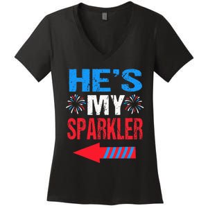 His And Hers 4th Of July Couples He's My Sparkler Women's V-Neck T-Shirt