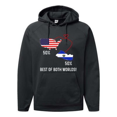 Half American Half El Salvador Flag Combined Map Salvadorian Performance Fleece Hoodie