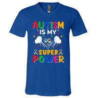 Heart Autism Is My Superpower Autism Awareness Cool Gift V-Neck T-Shirt