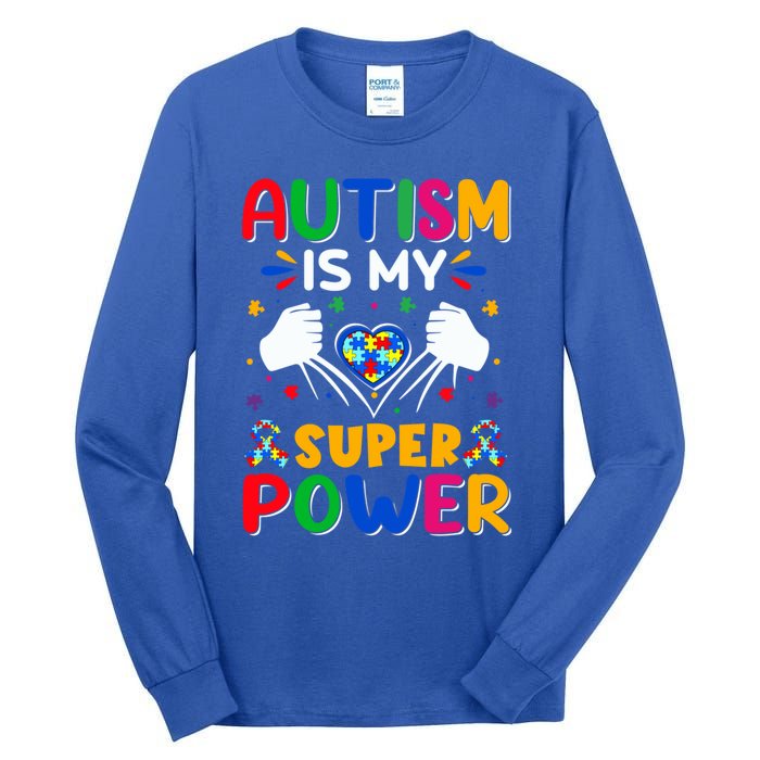 Heart Autism Is My Superpower Autism Awareness Cool Gift Tall Long Sleeve T-Shirt