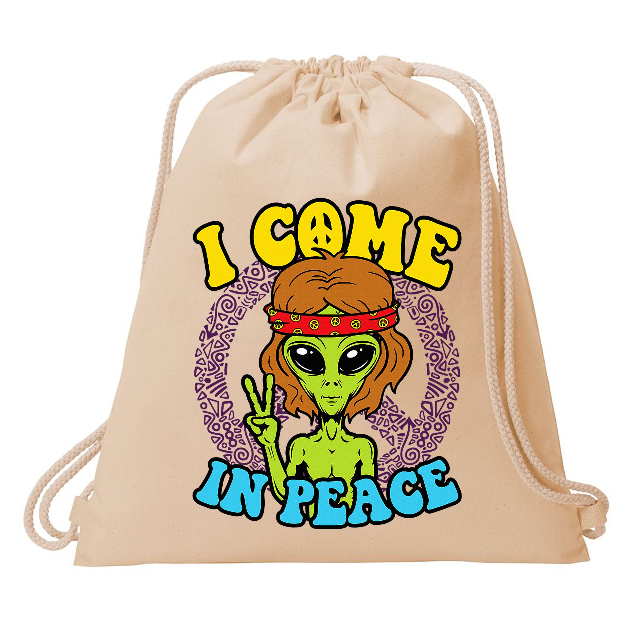 Hippie Alien I Come In Peace Sign Drawstring Bag