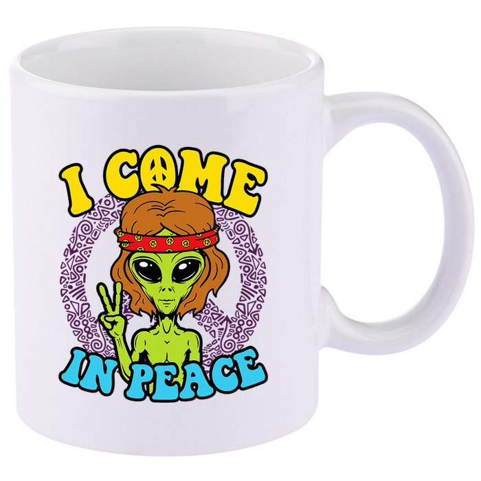 Hippie Alien I Come In Peace Sign 11oz C Handle Ceramic Mug