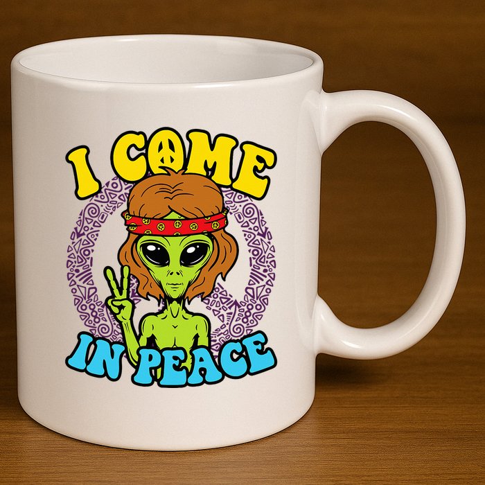 Hippie Alien I Come In Peace Sign 11oz C Handle Ceramic Mug