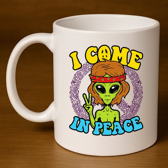 Hippie Alien I Come In Peace Sign 11oz C Handle Ceramic Mug
