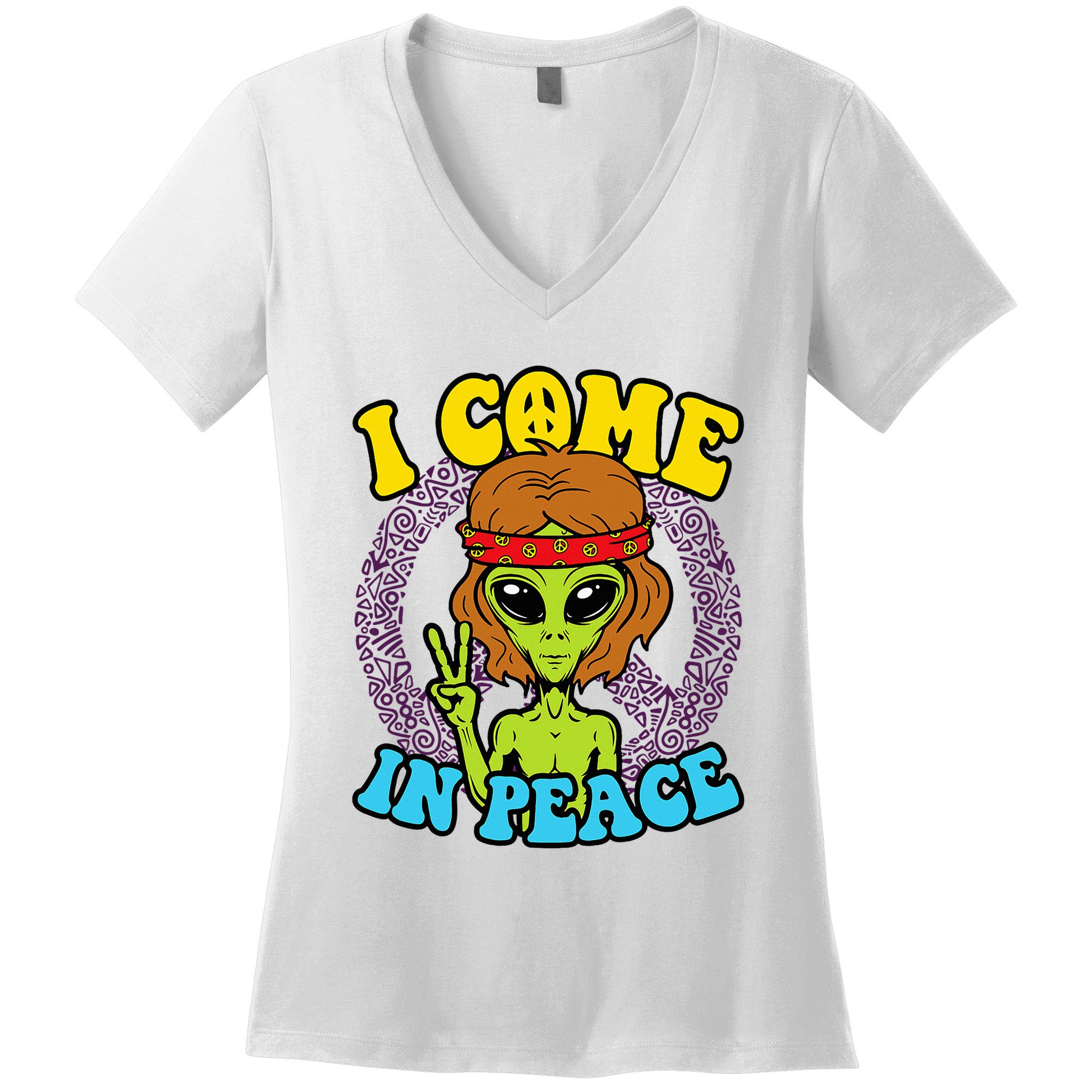 Hippie Alien I Come In Peace Sign Women's V-Neck T-Shirt
