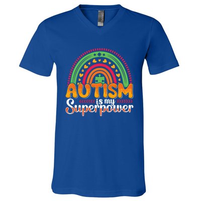 Heart Autism Is My Superpower Autism Awareness Meaningful Gift V-Neck T-Shirt