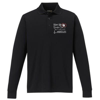 Hair Up Scrubs On Time to Play Cards Performance Long Sleeve Polo