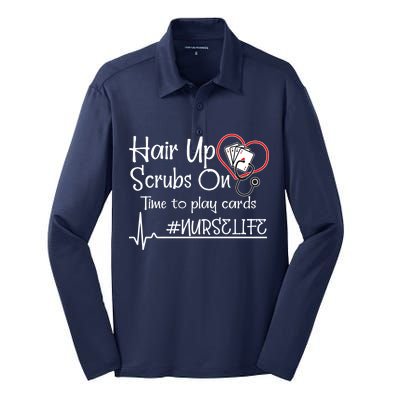 Hair Up Scrubs On Time to Play Cards Silk Touch Performance Long Sleeve Polo