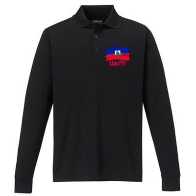 Haiti Distressed Painted Flag Performance Long Sleeve Polo