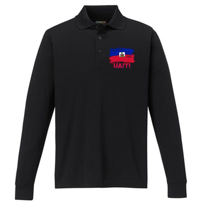 Haiti Distressed Painted Flag Performance Long Sleeve Polo