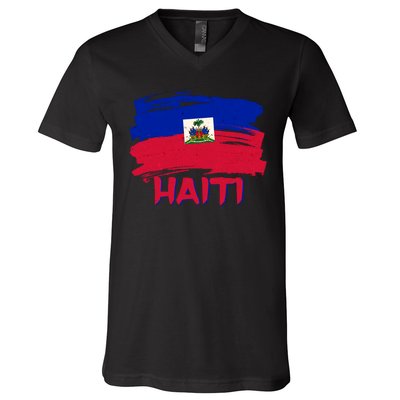 Haiti Distressed Painted Flag V-Neck T-Shirt