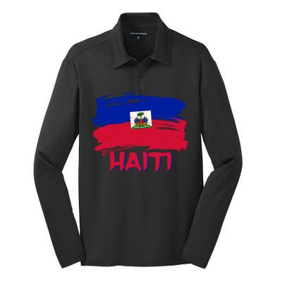 Haiti Distressed Painted Flag Silk Touch Performance Long Sleeve Polo