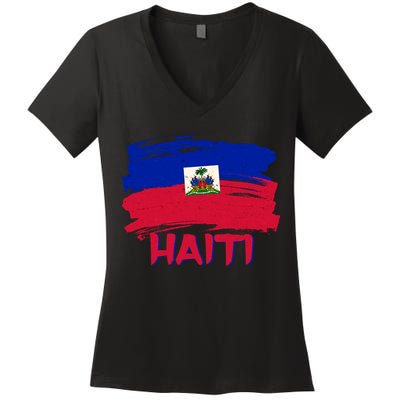 Haiti Distressed Painted Flag Women's V-Neck T-Shirt