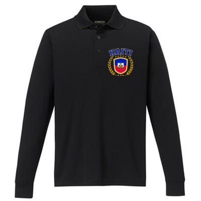 Haiti Flag Crest Shield Logo Performance Long Sleeve Polo