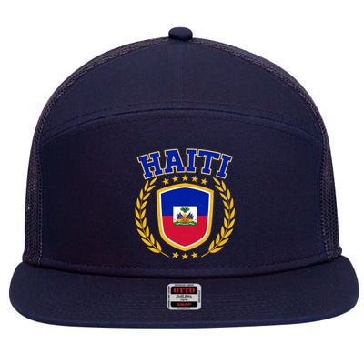 Haiti Flag Crest Shield Logo 7 Panel Mesh Trucker Snapback Hat