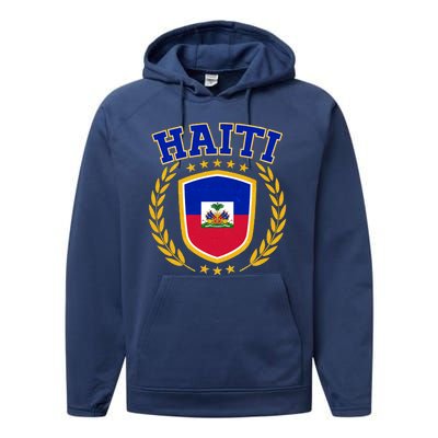 Haiti Flag Crest Shield Logo Performance Fleece Hoodie