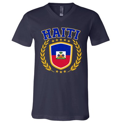 Haiti Flag Crest Shield Logo V-Neck T-Shirt