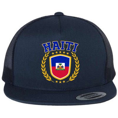 Haiti Flag Crest Shield Logo Flat Bill Trucker Hat