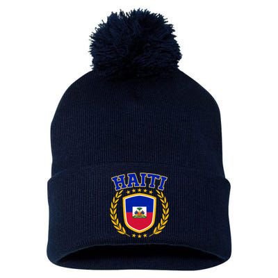 Haiti Flag Crest Shield Logo Pom Pom 12in Knit Beanie