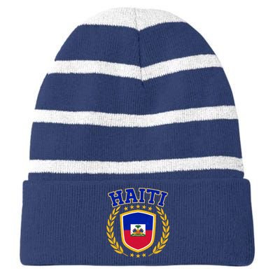 Haiti Flag Crest Shield Logo Striped Beanie with Solid Band