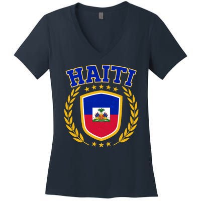 Haiti Flag Crest Shield Logo Women's V-Neck T-Shirt